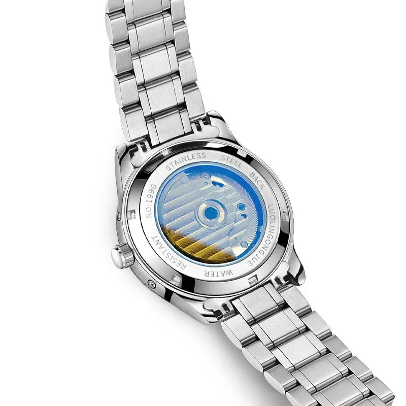 Men's stainless steel mechanical watch with sapphire crystal glass and genuine leather strap showing transparent case back