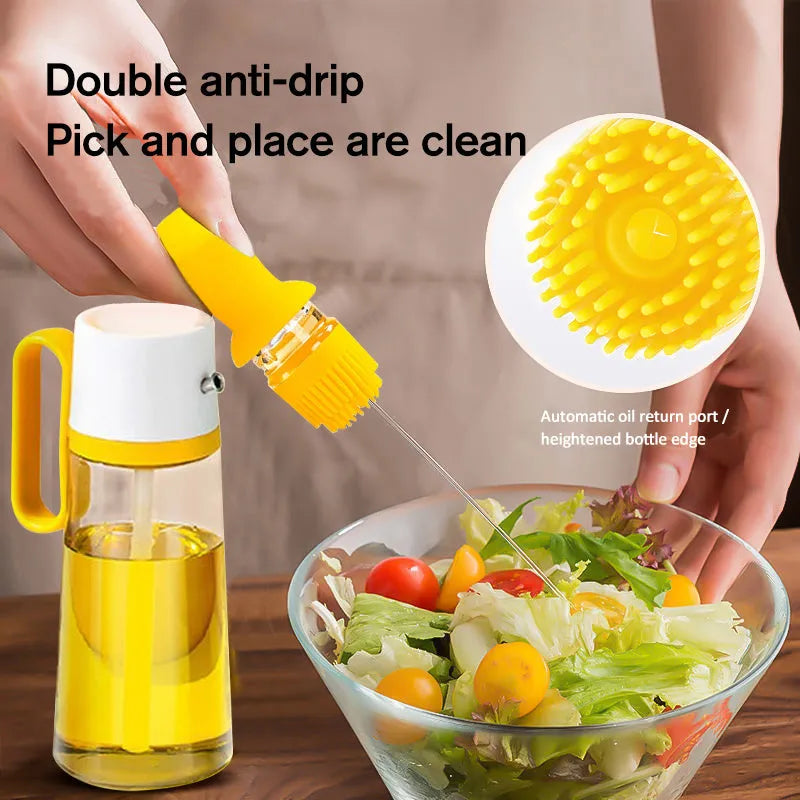 Yellow, green, and brown 550ml glass oil dispenser with silicone brush and stainless steel nozzle.