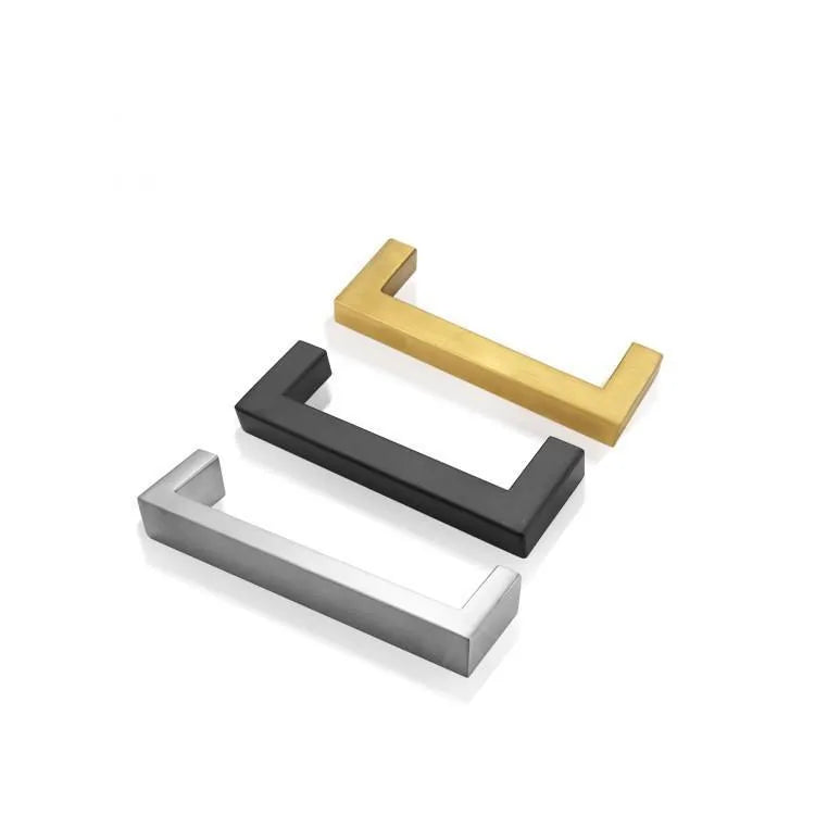 Stainless steel square pipe cabinet door handle in brushed silver finish, shown alongside black and gold colour options.