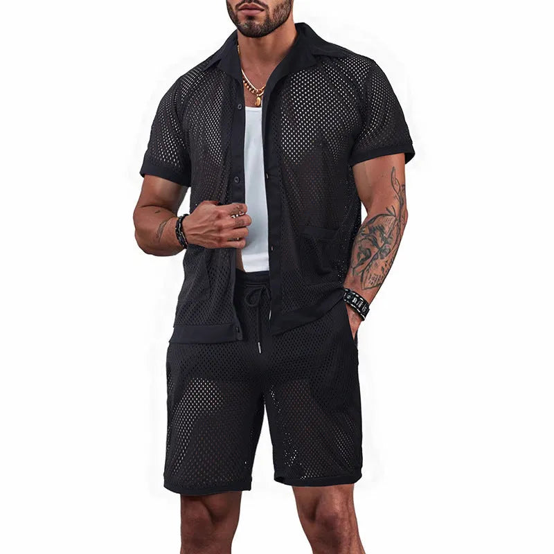 Hawaii see-through summer leisure suit comprising a short sleeve cardigan and matching shorts on a hanger.