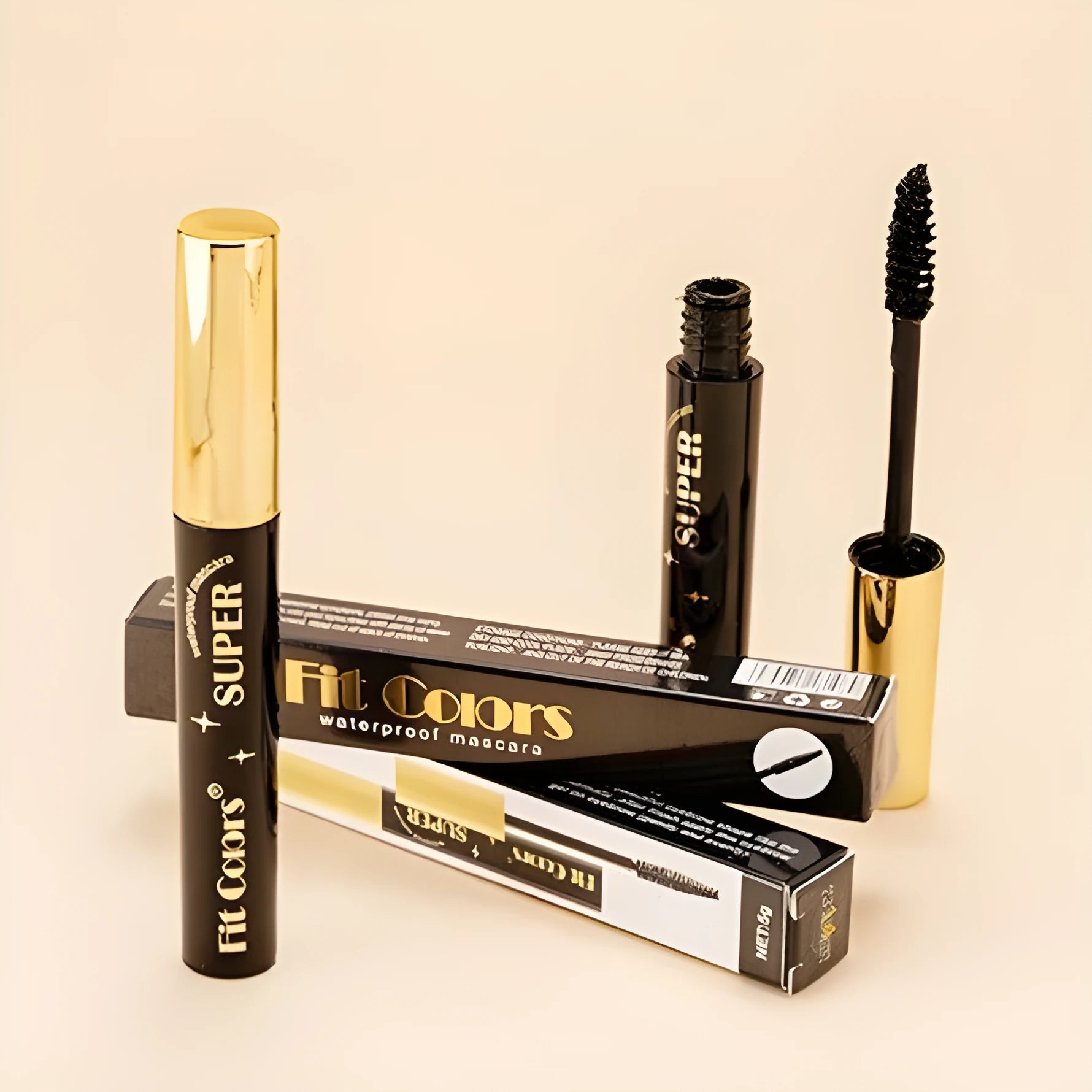 Colourful mascara tube with display showing 12 shade options including wine red, gold, purple and blue.