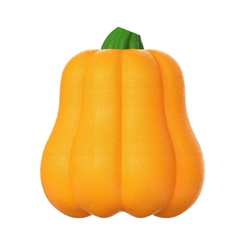 Orange pumpkin-shaped plastic dog toy measuring 10.3cm with optional rope attachment for fetch games