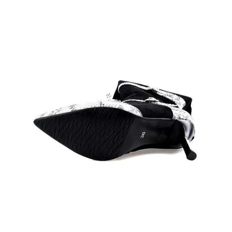 Women's knee-high boots with 9cm thin high heels in black or grey, showing PU surface and velvet lining