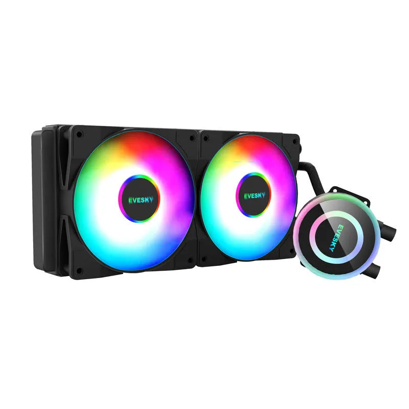 CPU radiator with RGB lighting showing aluminium construction and multiple colour options for PC cooling
