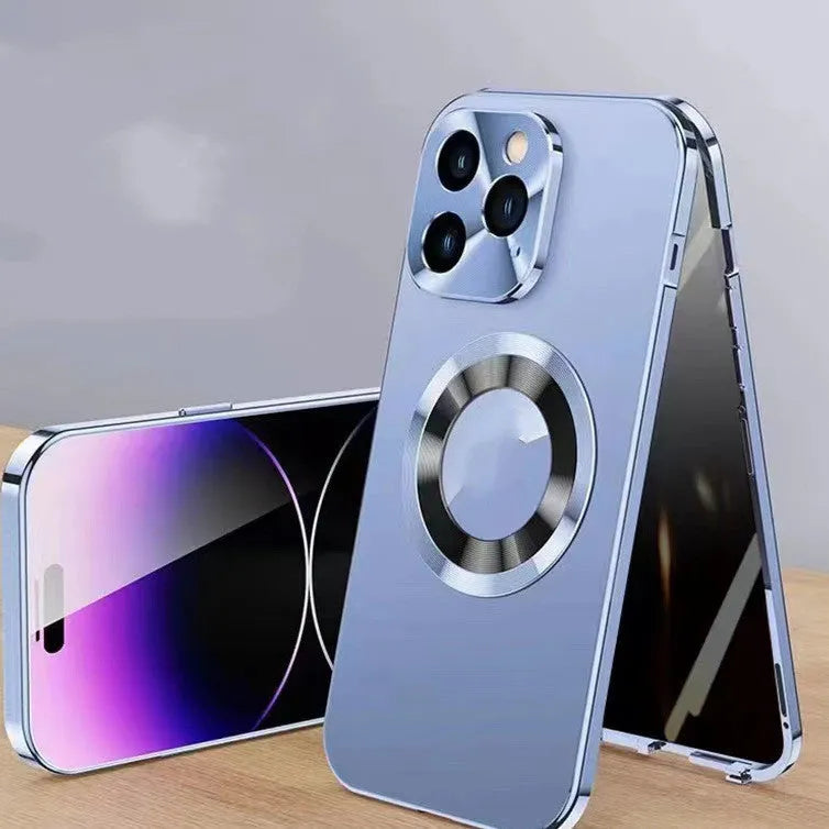 Magnetic anti-peep iPhone case in multiple colours, showing metal clip and compatible with iPhone 12 to 15 models.