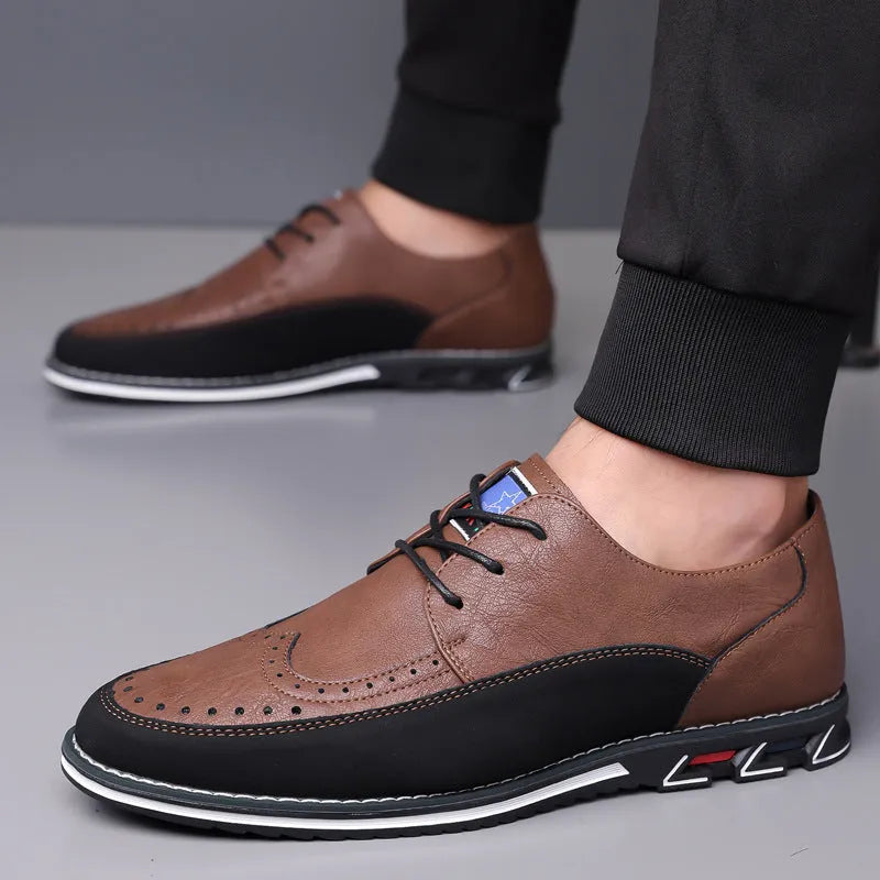 Men's leather shoes with rubber soles in black, grey, khaki and orange colours