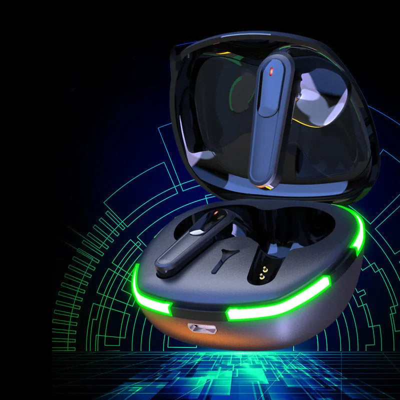 Black Pro60 Bluetooth wireless headset with half in-ear earpieces and charging cabin on a matte surface.