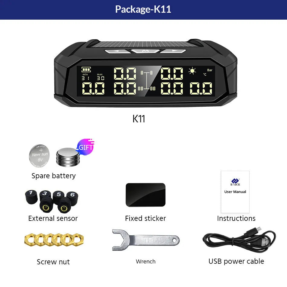 Solar external tyre pressure monitor with colour display for six-wheel vehicles, showing dimensions and sensors