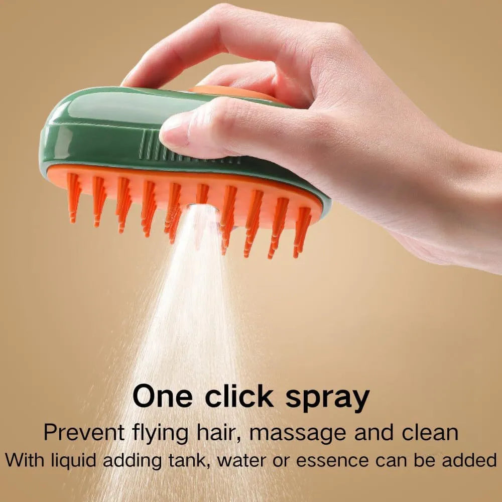Green and white cat steam brush with water spray function, measuring 11cm by 7.5cm by 5.5cm