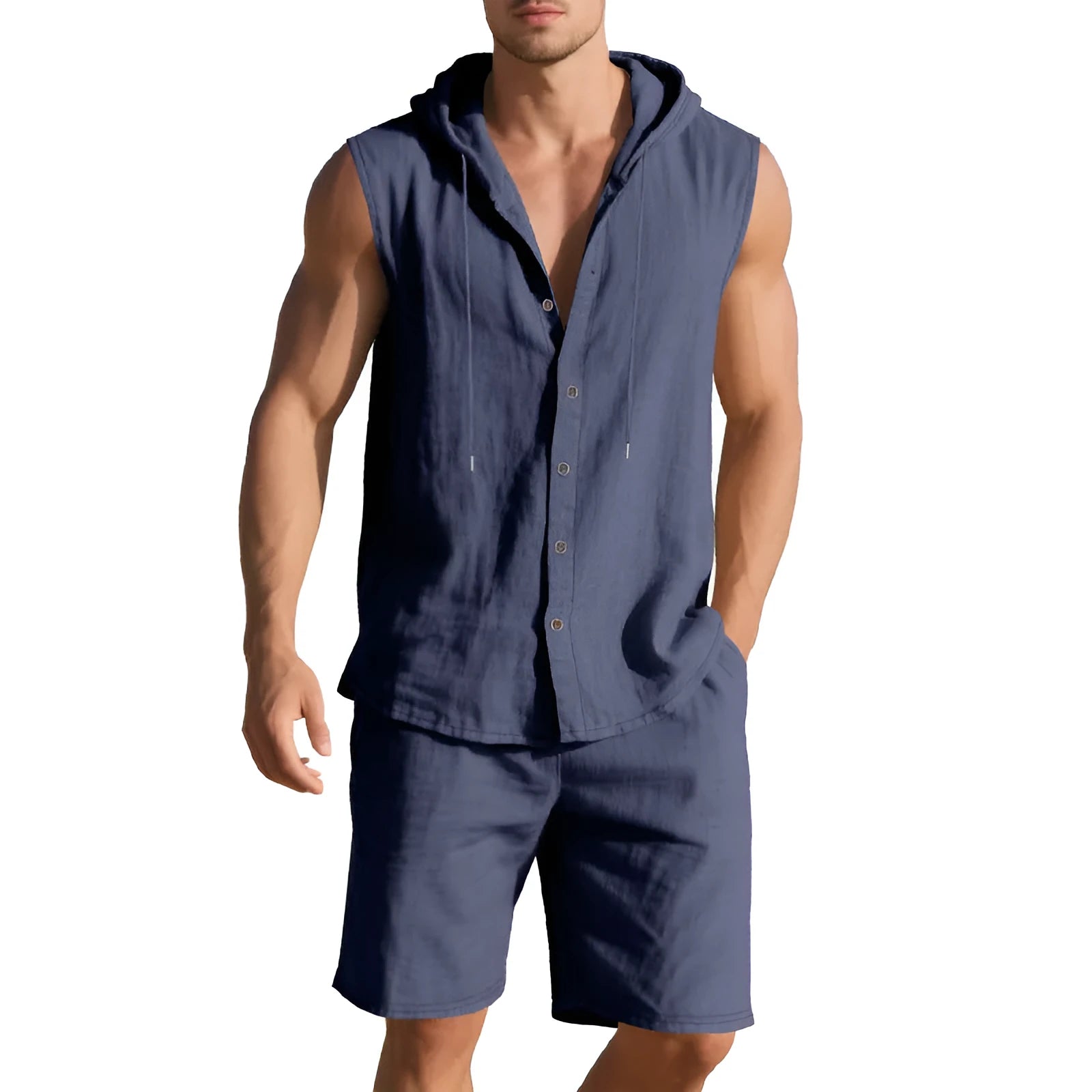 Men's sleeveless linen shirt and matching shorts suit set in Army Green colour
