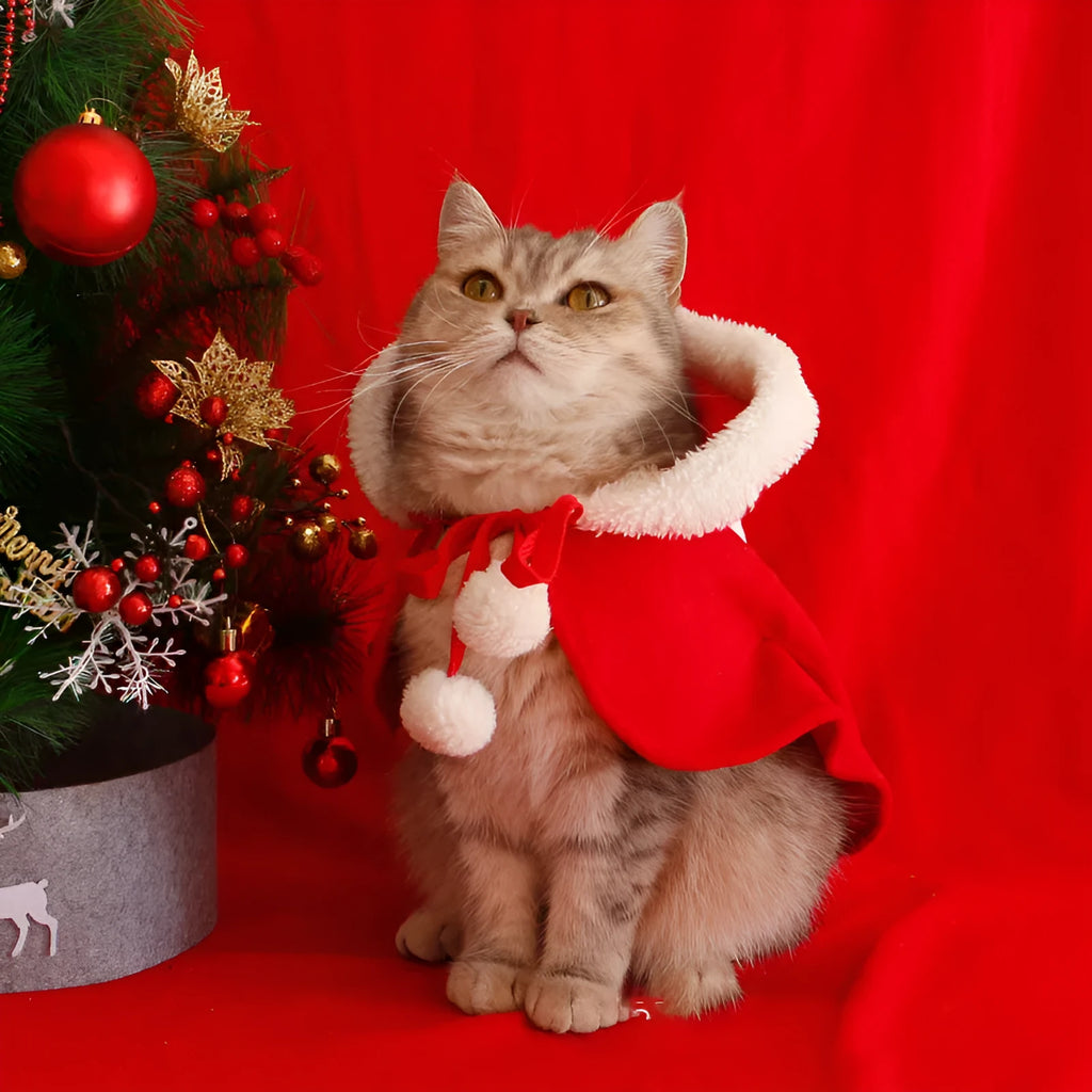 Christmas pet cloak with hood and polar fleece material in festive colours for dogs and cats