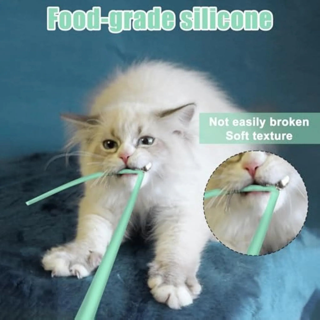 Green automatic cat wand toy with swinging silicone tails, 38cm length, for indoor cat entertainment