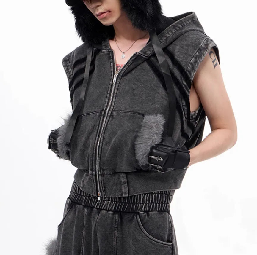 Korean style hooded sleeveless tank top and matching trousers set in black and grey colours