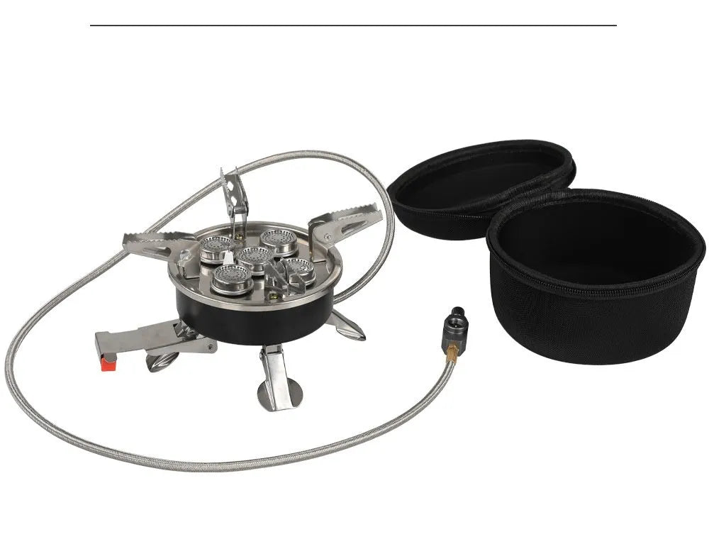 Silver foldable stainless steel split stove with 100cm hose, packed size 155x125mm