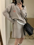 Women's casual sports knitted sweater shorts suit with animal pattern embroidery in milk blue colour