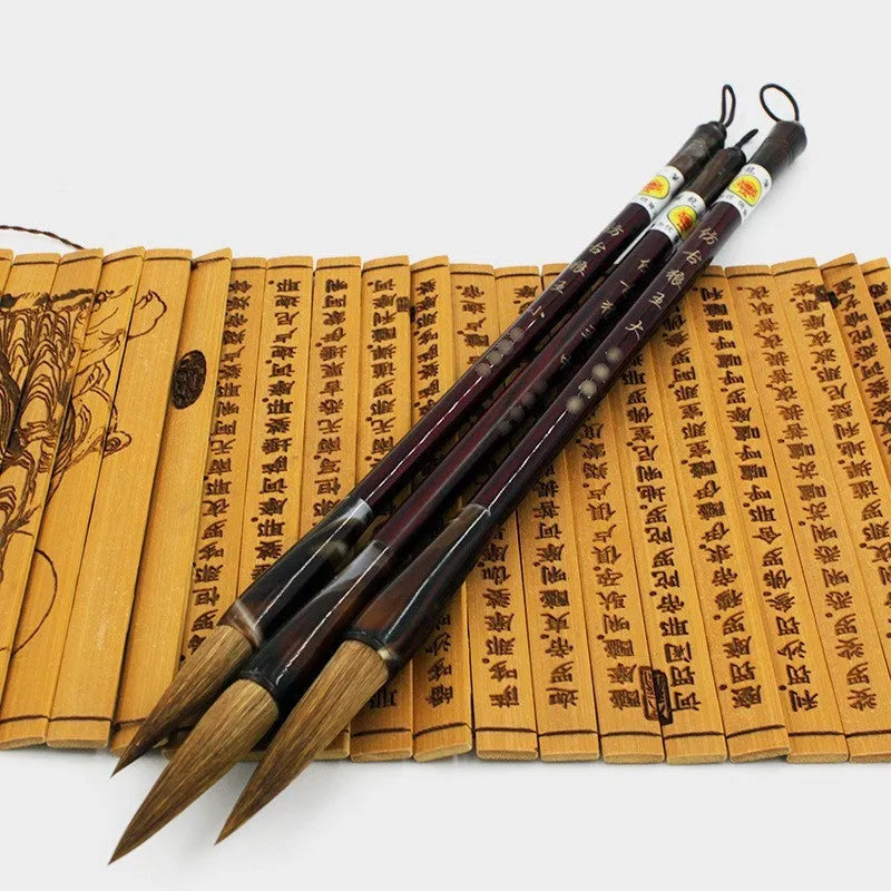 Wolf hair calligraphy brush with steel rod shaft in three traditional sizes