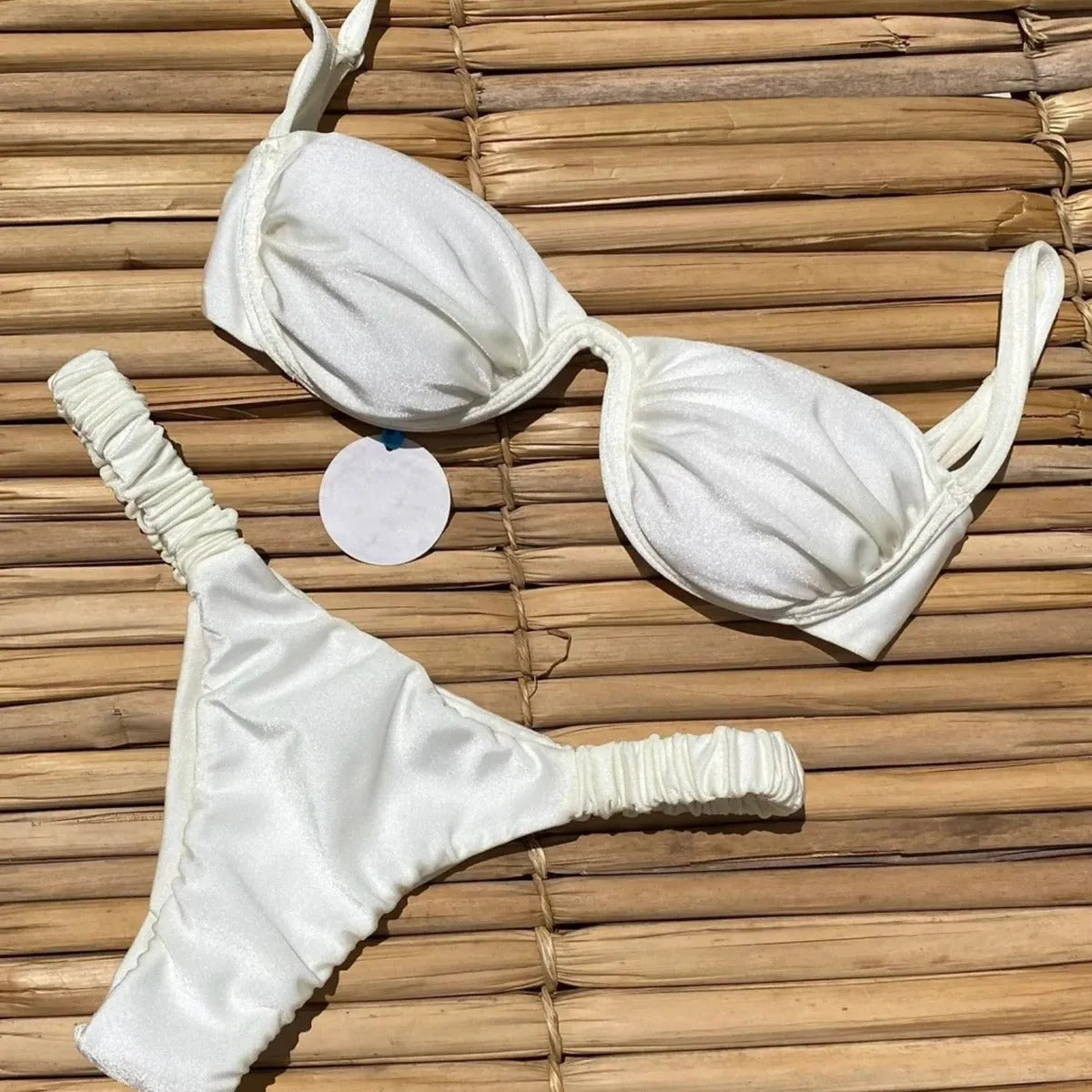 Women's underwire bikini swimsuit in khaki, white, or black with high elasticity nylon fabric for swimming and fitness.