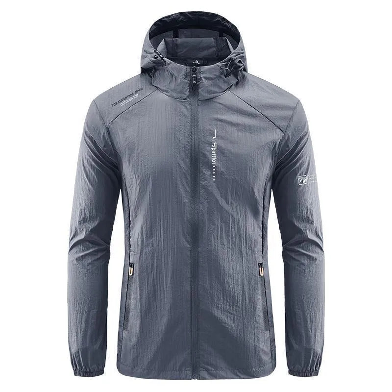 Men's hooded summer top in nylon fabric showing loose fit and sun protection design