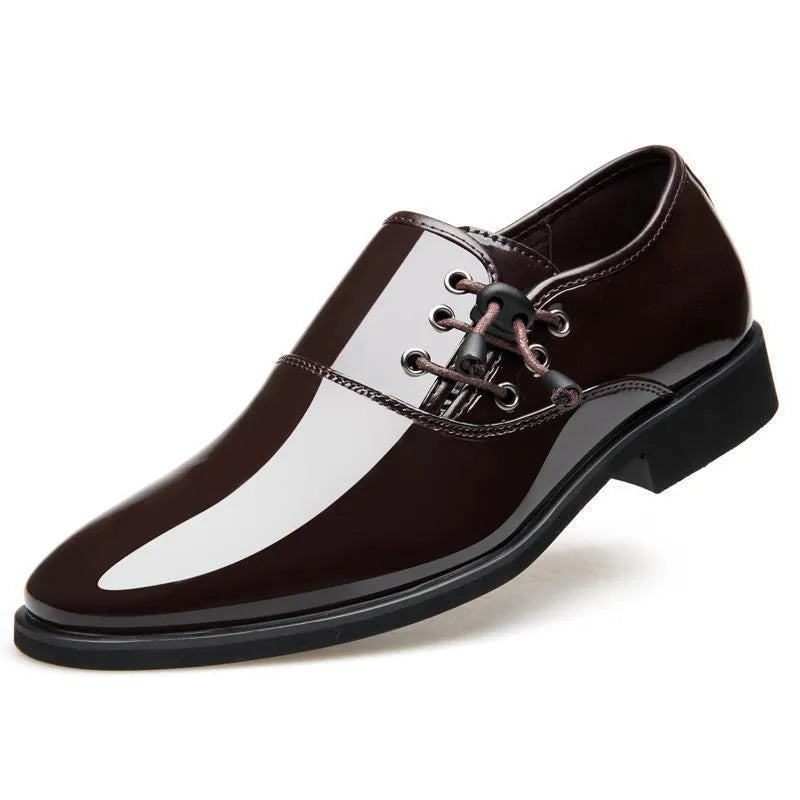 Men's black and brown formal business shoes with a square heel and round toe design on a rubber sole.
