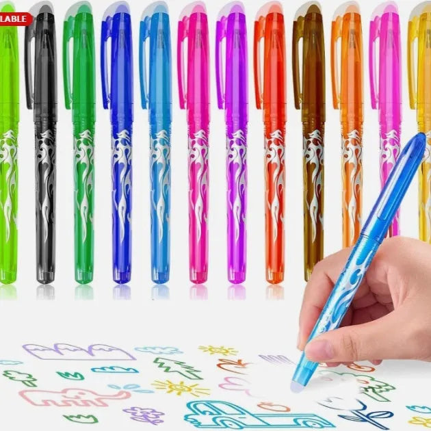 Hot erasable gel pen set with plastic shells and stainless steel nibs in 0.5mm or 0.7mm sizes, available in 12 or 8 colour packs