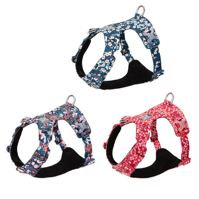 Floral pattern pet chest strap made from pure cotton with adjustable straps and metal buckles
