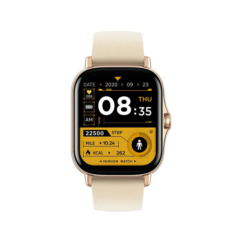 GT20 smartwatch with 1.75-inch screen, alloy case, and silicone band in black or gold colour