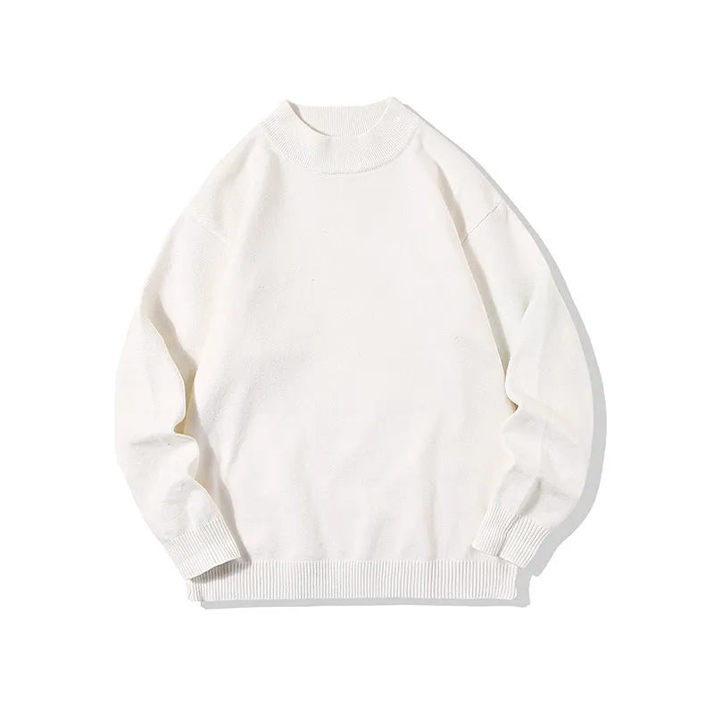 Men's loose fit round neck polyester sweater in solid colour with long sleeves