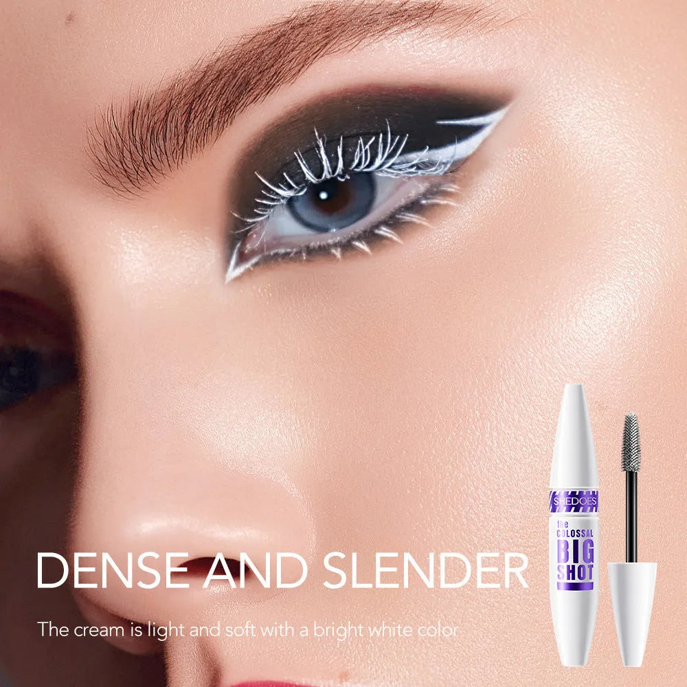 White waterproof mascara with 10ml volume, quick-drying formula, and curling effect for defined lashes