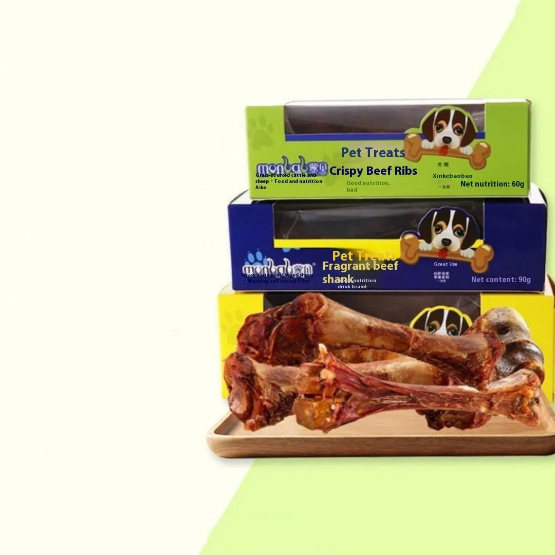 Beef marrow bone dog chew stick snack in small green, medium blue, and large yellow size options