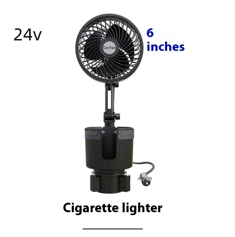 Car water cup holder fan installed in a vehicle's cup holder, showing 12V plug and fan blades.