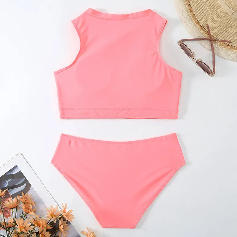 Pink high-waist split bikini swimsuit with ammonia mesh lining, showing front and back views.
