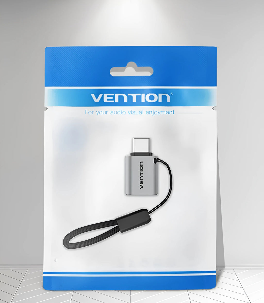 Grey aluminium alloy USB 3.0 C Male to A Female OTG adapter with attached lanyard
