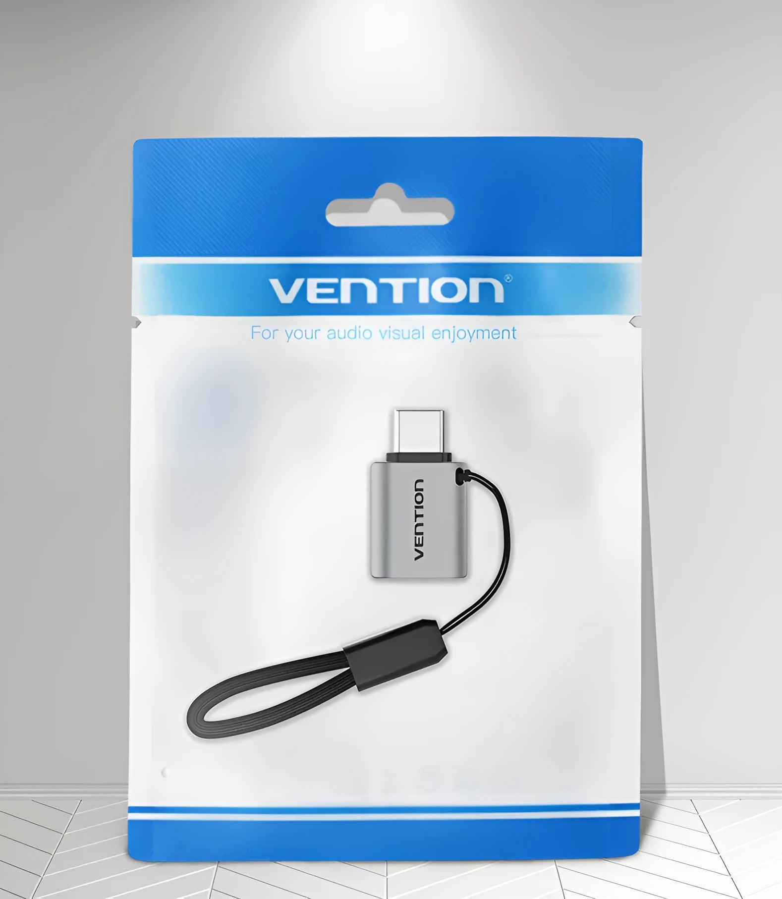 Grey aluminium alloy USB 3.0 C Male to A Female OTG adapter with attached lanyard