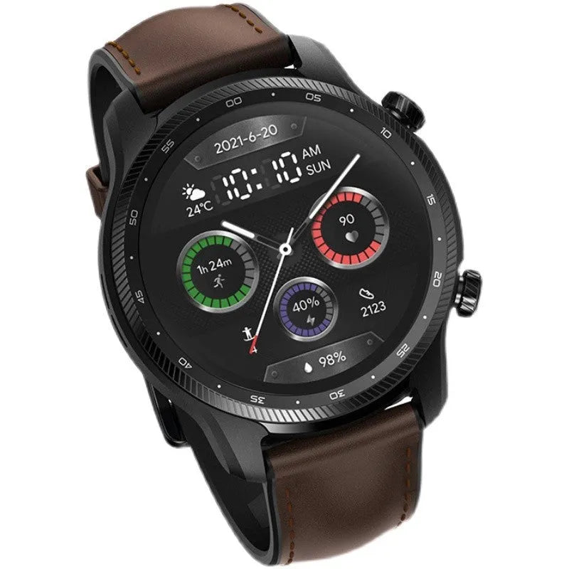 Ticwatch Pro X smart watch with 47mm diameter, dual-layer display, and black strap showing on a wrist