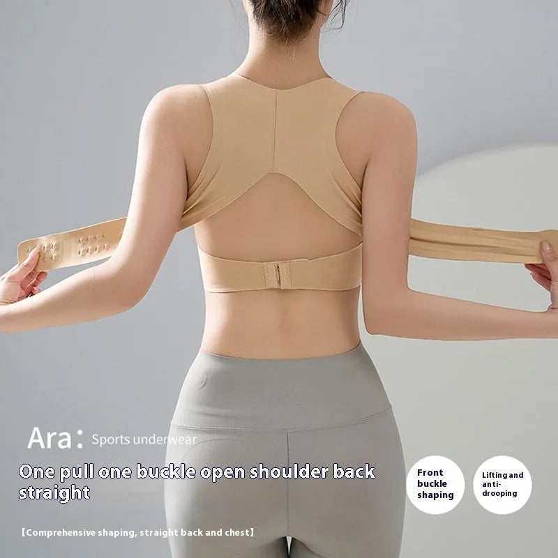 Female cross exercise yoga bra with front buckle, back shaping, and 3/4 cup design in Dynamic Black colour