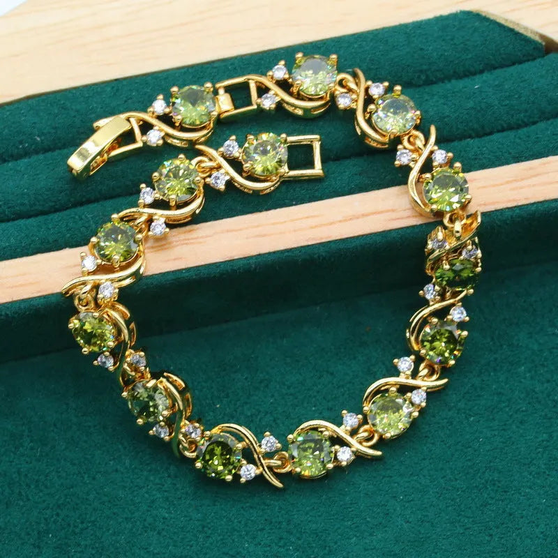 Full rhinestone zircon women's jewellery suit with copper inlay, snake bones chain, in olive green or red colours