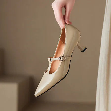 Women's square toe high heels in cowhide leather with 6-8 cm heel