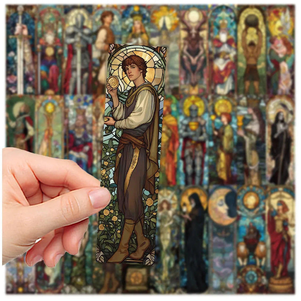 30 handmade paper bookmarks with painted tarot designs, each measuring 5.5cm by 15cm