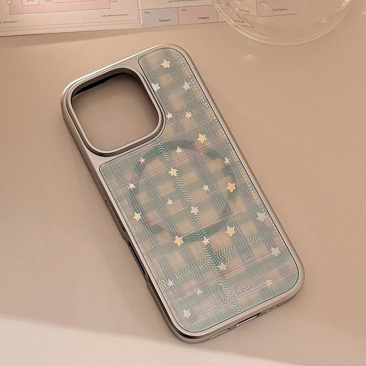 Gilding PC phone case with silver edge, plaid star butterfly pattern, rotating bow magnetic bracket for iPhone or Huawei
