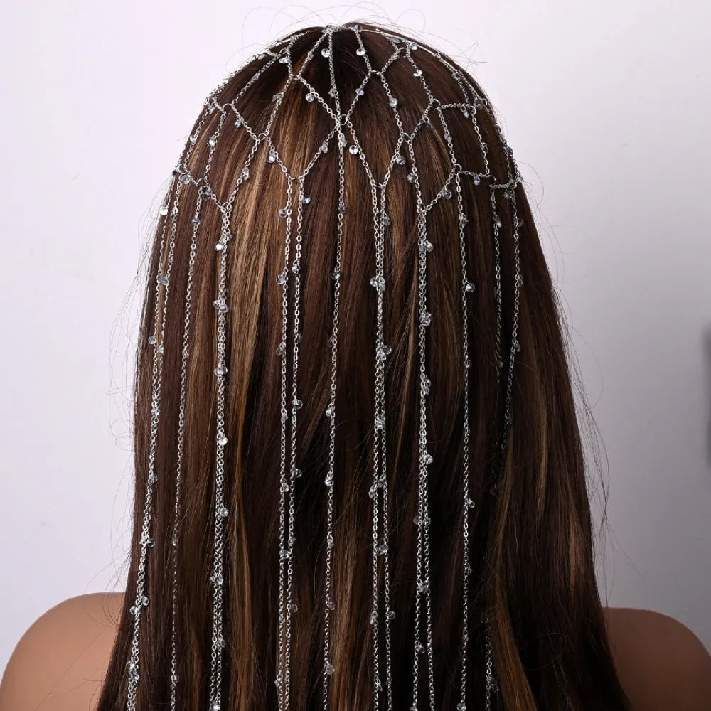 Gold electroplated mesh tassel rhinestone headband hair accessory