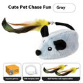 Grey charging mouse cat toy with double feather tail decoration on floor