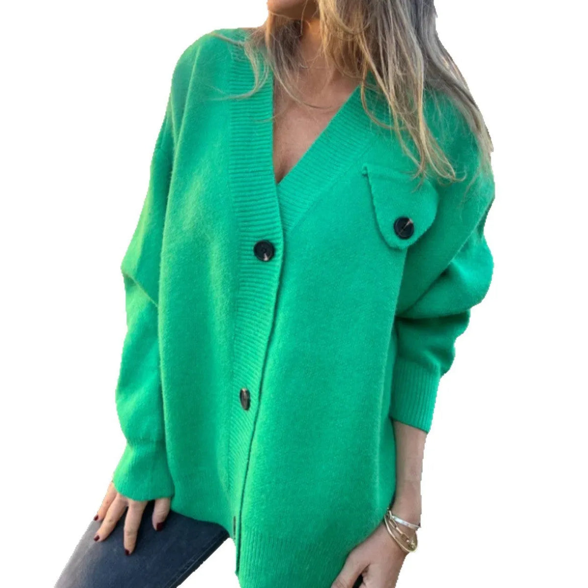 Long sleeve knitted cardigan coat in dark grey, beige, black, or green, loose fit, crochet detail, S-XXXL