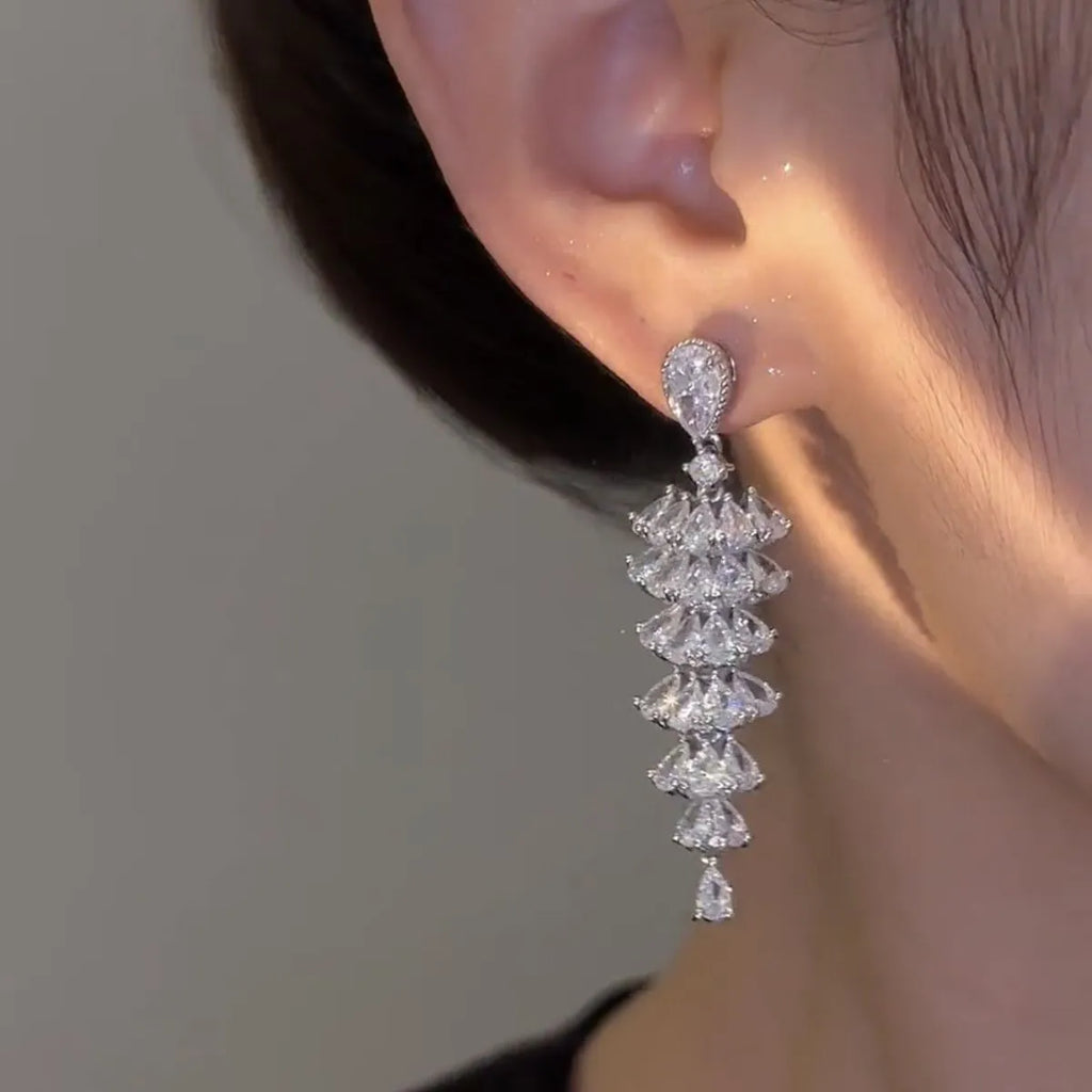 Silver pagoda Christmas tree drop earrings with pagoda shape and stud fastening for women