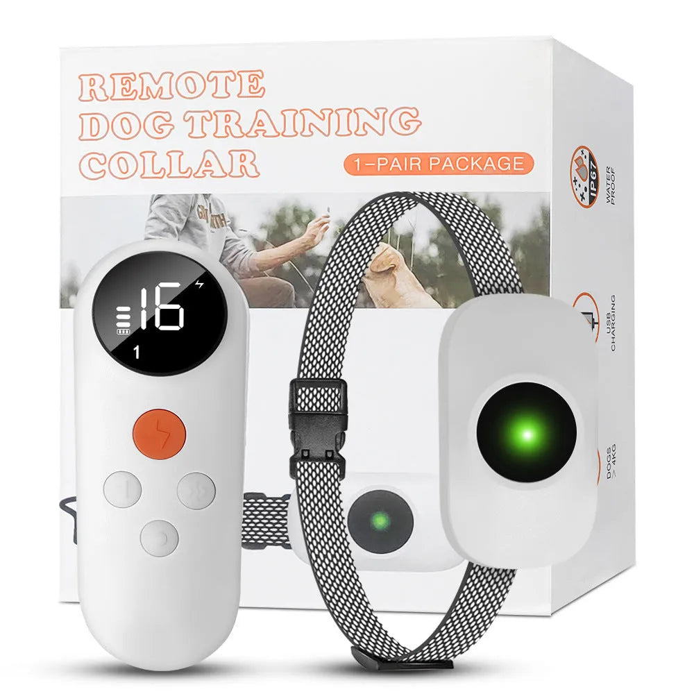 Colour screen bark stopper dog trainer in black or white with ABS housing, chain ring and rope included