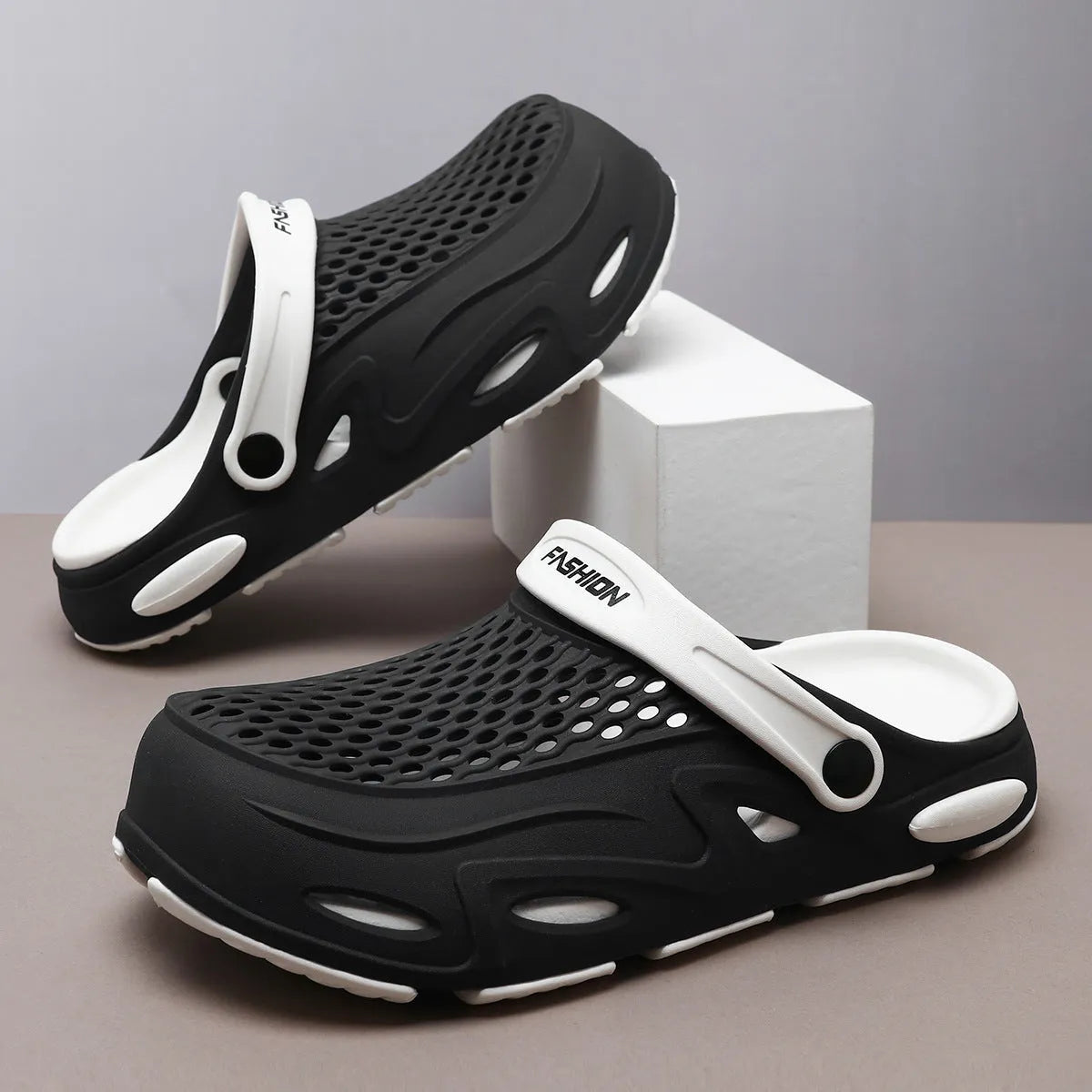 Men's grey closed toe EVA beach slippers with non-slip sole and round toe design