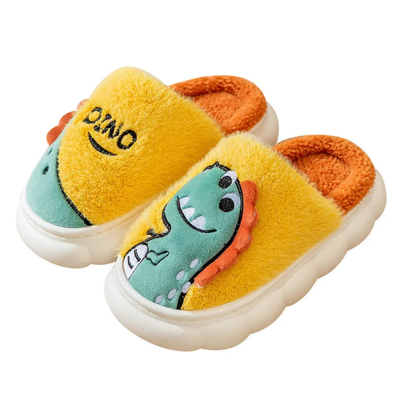 Cotton plush slippers with dinosaur design in grey, coffee, or orange colours for indoor warmth