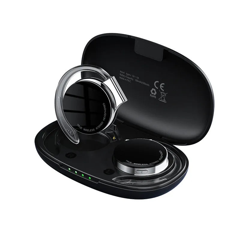 Black sports wireless Bluetooth earphones with ear plug design showing bilateral stereo configuration