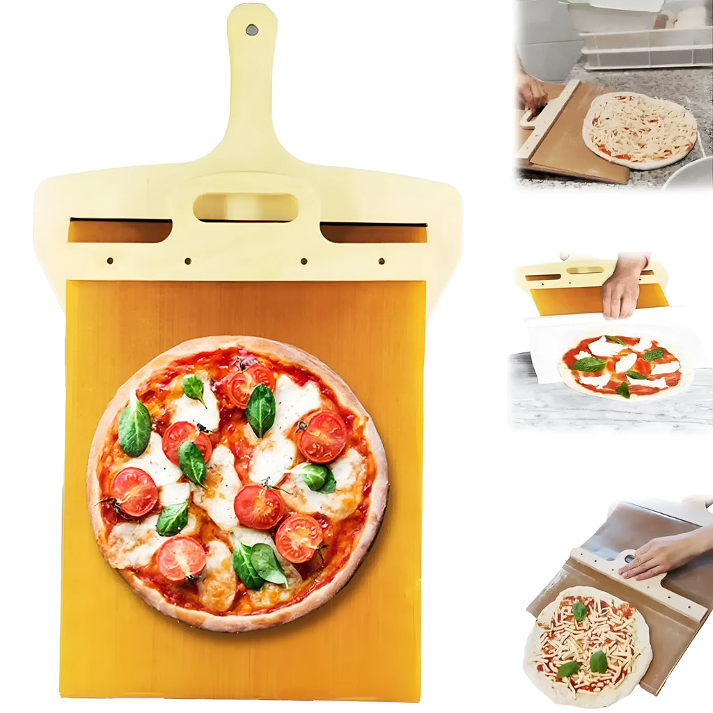 White plastic pizza transfer shovel with handle and hanging hole on a kitchen counter.