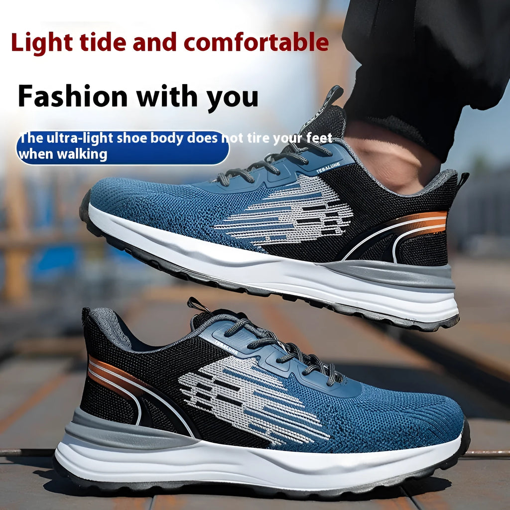 Blue men's safety work shoes with mesh upper, plastic toe cap, and lace closure on a grey background.