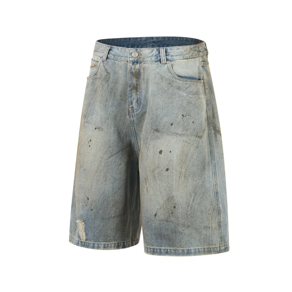 Blue cropped denim middle pants with straight leg design and zipper fly closure on street fashion model